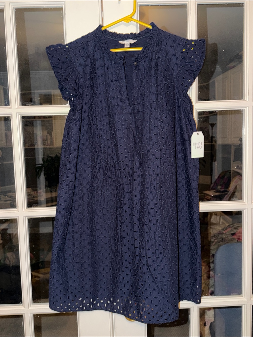 Time and Tru Navy Eyelet Flutter Sleeve Dress